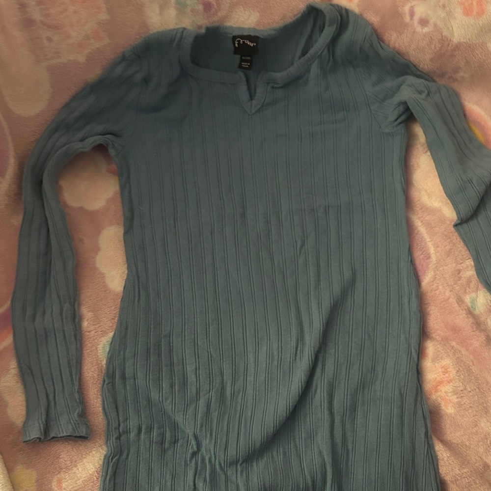 Art Class Ribbed Long Sleeve Top in Teal - Picture 1 of 3